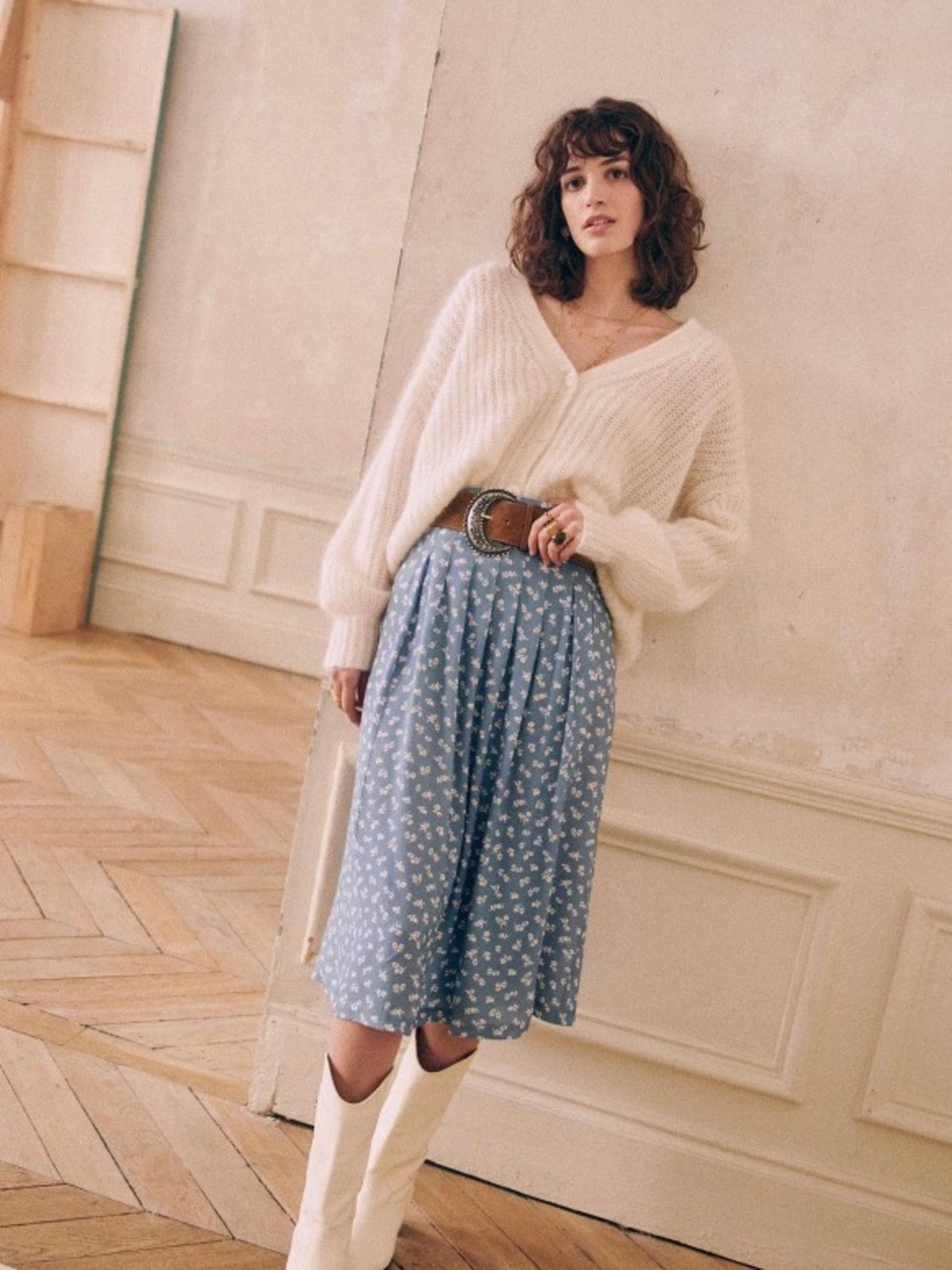 Sezane Blue Floral Pleated Midi Skirt